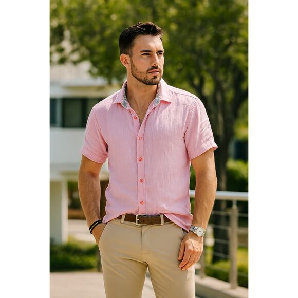 Bertigo Men’s S Pink 100% Linen Short Sleeve Button Up Shirt Summer Casual Smart - Picture 2 of 8